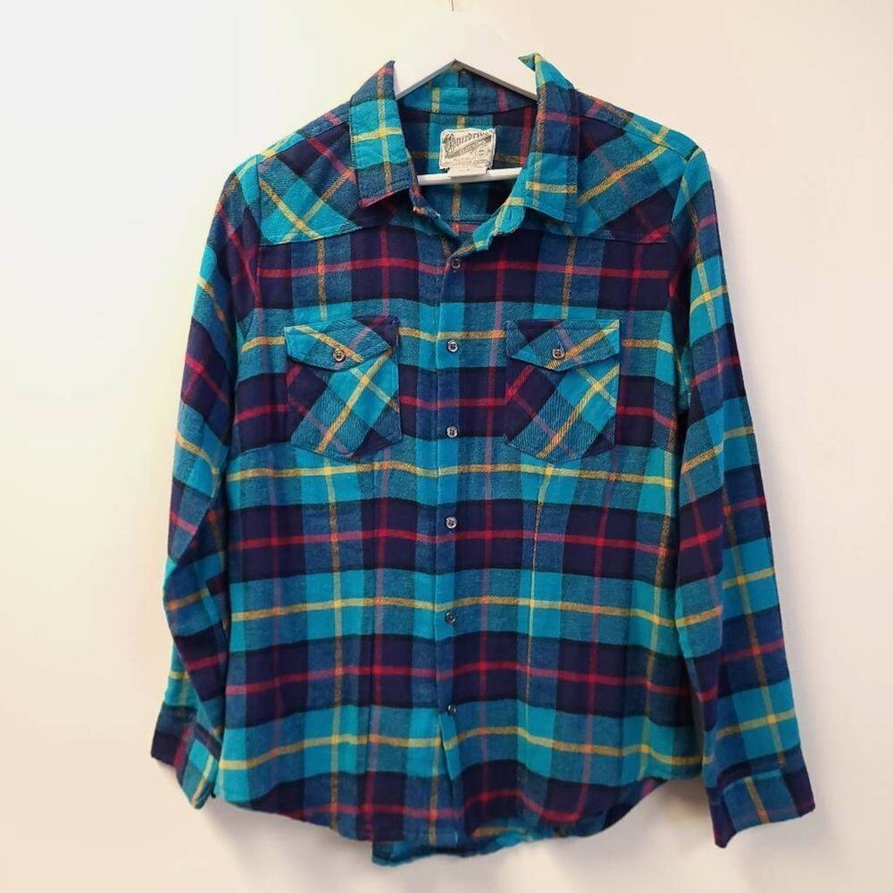 Overdrive Plaid Flannel Shirt Button Down Women's Size Small Roll Tab Sleeve​ - Picture 2 of 6